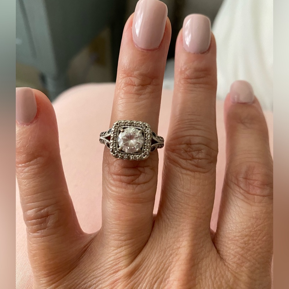 Diamonique Silver-Tone Halo Solitaire Ring with Clear Center Stone